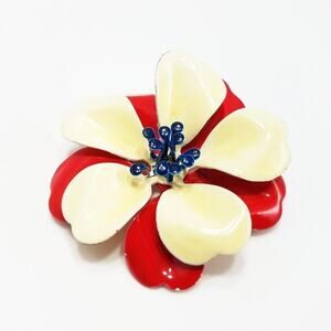 Vintage Red, White, & Blue Enamel Brooch, 1960s Flower Jewelry